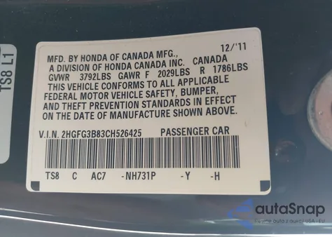 2012 Honda Civic Ex z USA, uszkodzony, nr VIN 2HGFG3B83CH526425